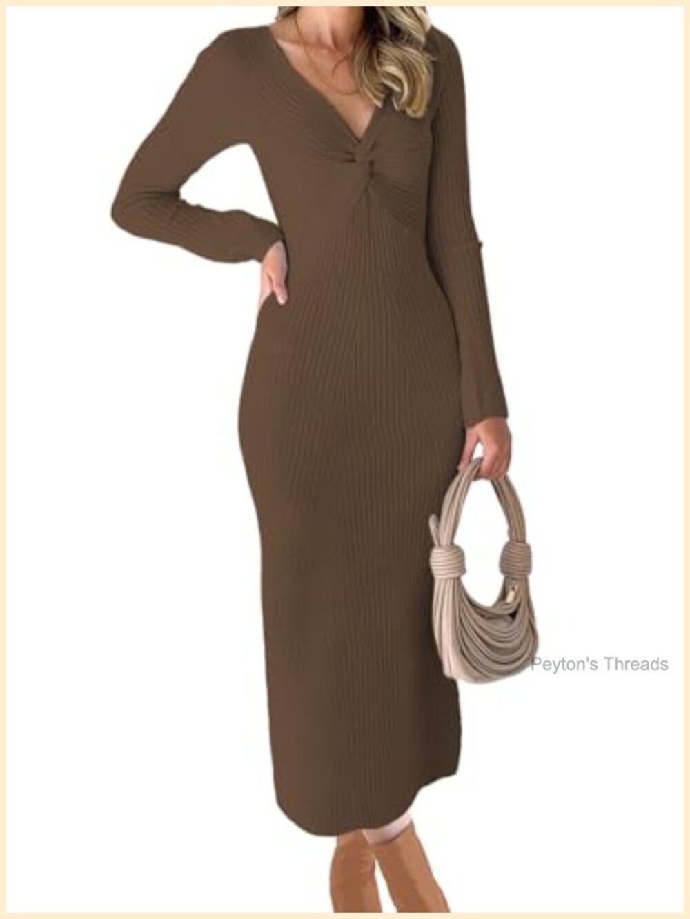 Women's Sweater Dress Long Sleeve V Neck Ribbed Knit Bodycon Midi